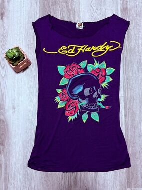 Vintage Ed Hardy Purple Skull & Rose Graphic Tank Top Rare Y2K Tattoo Grunge L